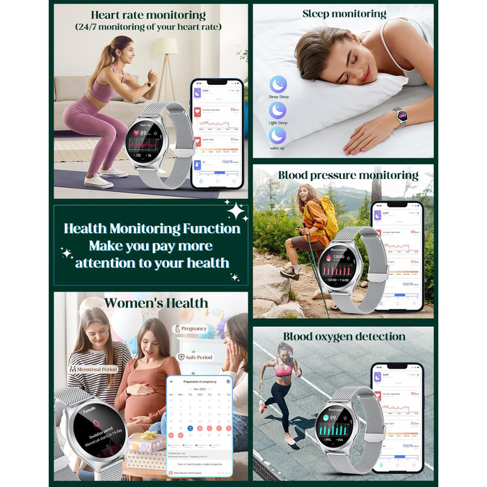 Срібний смарт-годинник для жінок, круглий смарт-годинник для жінок, металевий браслет, функція телефону, крокомір, монітор сну, серцевий ритм, кров&39яний тиск, водонепроникний 1,27 дюйма, маленький тонкий сенсорний екран, спортивний фітнес-годинник
