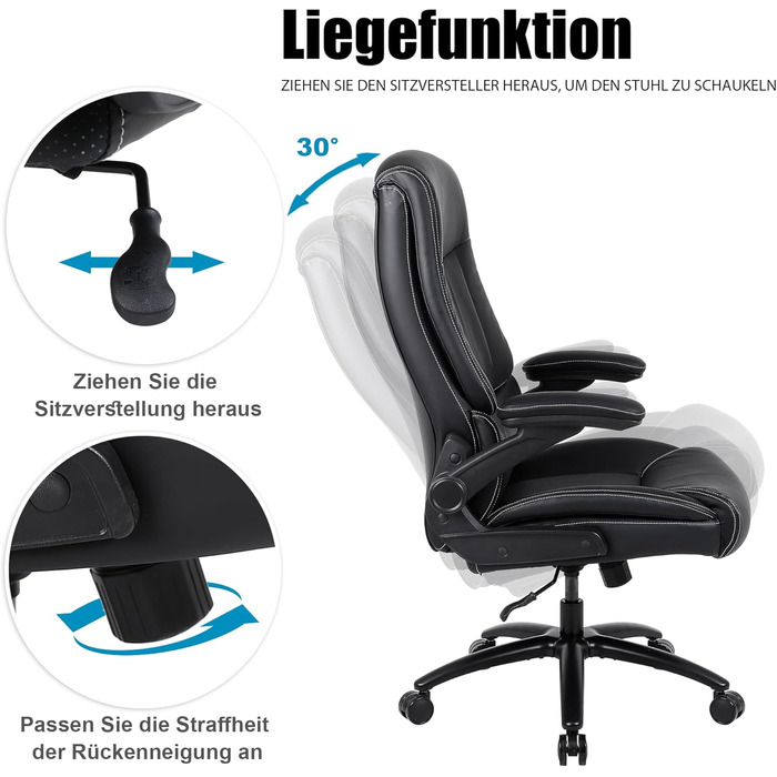 Офісний стілець Youhauchair 200 кг для важчих людей, крісло керівника зі штучної шкіри, ергономічне офісне крісло з відкидними підлокітниками, письмове крісло для домашнього офісу, чорний сучасний