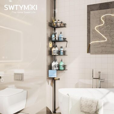 Кутова полиця для душу без свердління, телескопічна, регульована по висоті. Тримач для шампуню з 4 кошиками, нержавіюча сталь (70-267 см, чорний). Чорна 4-кошикова телескопічна полиця.