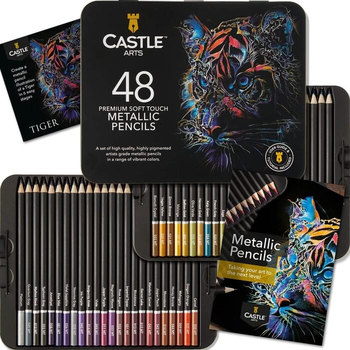 Набір металевих ручок Castle Art Supplies Кольорові наповнювачі в 48 мерехтливих відтінках з восковими серцевинами для досвідчених художників, професіоналів і художників-колористів Презентаційна коробка з листового металу