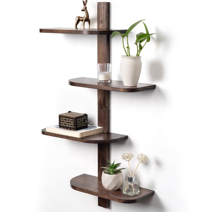 Настінна полиця Afily Vintage Wooden Wall Shelf, 4 рівні вертикальна плаваюча полиця коричневого кольору із закругленими кутами, компактна підвісна полиця з масиву дерева, настінний декор для ванної кімнати, кухні, вітальні