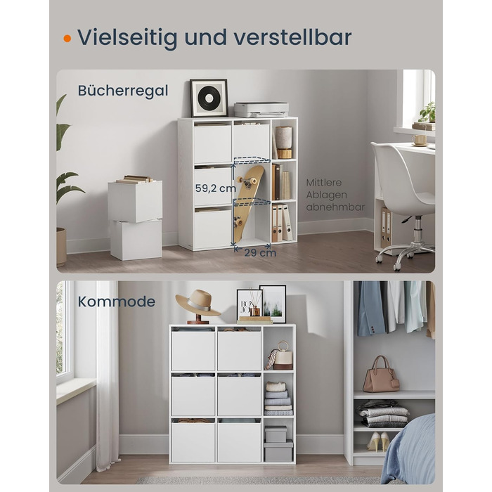 Книжкова полиця SONGMICS HOME, надшвидке складання без інструментів, технологія без інструментів, полиця з 9 відділеннями, окремостояча полиця, 6 шухляд з тканини, система полиць, 27 x 83 x 91,8 см, білосніжний колір LBC199W01, 9 рівнів (91,8 висоти см)