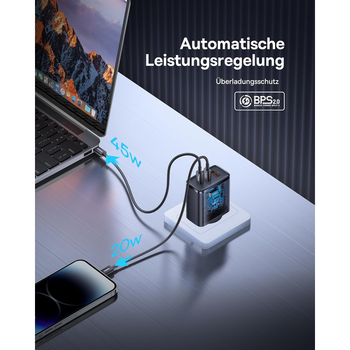 Зарядний пристрій Baseus USB C, 65 Вт адаптер живлення USB C, 3-портовий зарядний пристрій PD з PPS, швидкий зарядний пристрій GaN
