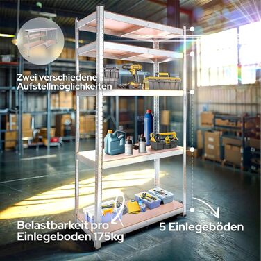 Комплект міцних полиць Arebos з 2 предметів 180 x 90 x 40 см Вантажопідйомність 875 кг Товщина 0,63 мм 5 регульованих полиць з МДФ Полиця для зберігання, полиця для підвалу, полиця без болтів, полиця для майстерні Оцинковане срібло