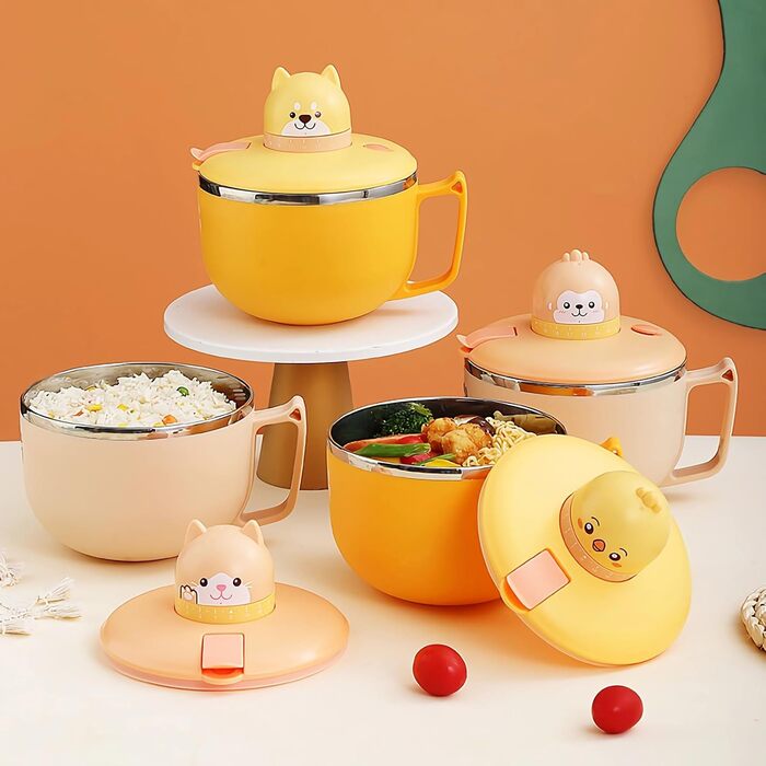 Миска для рамену з кришкою, велика миска для локшини швидкого приготування об&39ємом 1200 мл з таймером, миска для швидкого приготування з нержавіючої сталі 304 для локшини, бенто, обіду (Monkey)