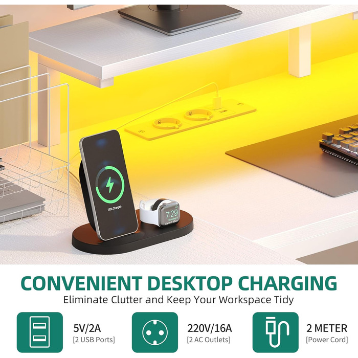 Кутовий стіл YITAHOME з 4 шухлядами та місцем для зберігання, ігровий стіл зі світлодіодним освітленням та підставкою для монітора для домашнього офісу, двосторонній кутовий стіл з 2 розетками та 2 портами зарядки USB, 158 см, білий 158 x 100 x 90 см