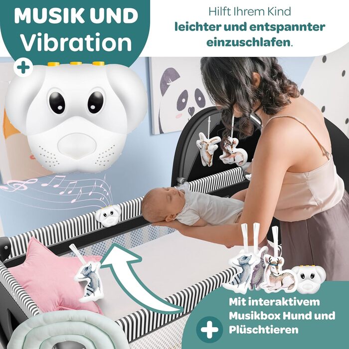 Дитяче ліжечко Kidiz Baby Travel Cot, складне дитяче ліжечко з матрацом та колесами 120x60, бічний вхід, пеленальний килимок, москітна сітка та сумка для перенесення, дитяче ліжечко, дитяче ліжко від народження до 15 кг, чорне