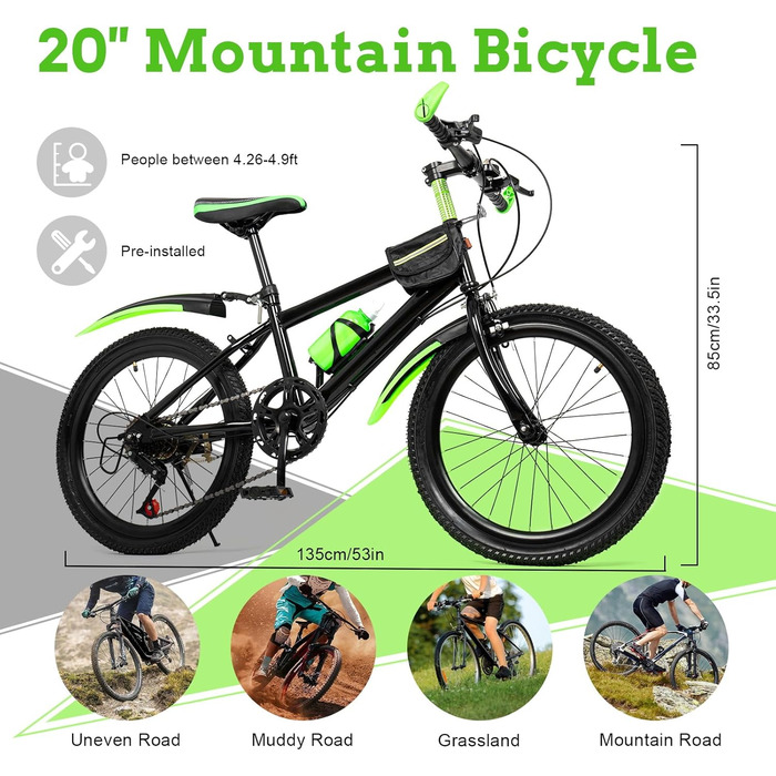 Дюймовий дитячий гірський велосипед, 7 швидкостей, для хлопчиків та дівчаток, подвійні дискові гальма, міський велосипед з вуглецевої сталі, підходить для дітей зростом 130-150 см, зелений, 20-