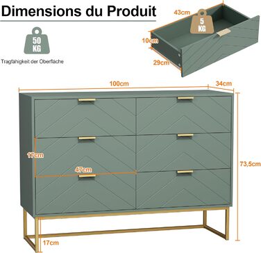 Комод UEV з 6 шухлядами, дерев&39яна шафа з механізмом проти перекидання та металевими ніжками, висока тумба/сервант, вузька комод/бічна шафа для вітальні, спальні, коридору, 100x34x73,5 см, зелений, 34 Г x 100 Ш x 73,5 В см (6 шухляд)