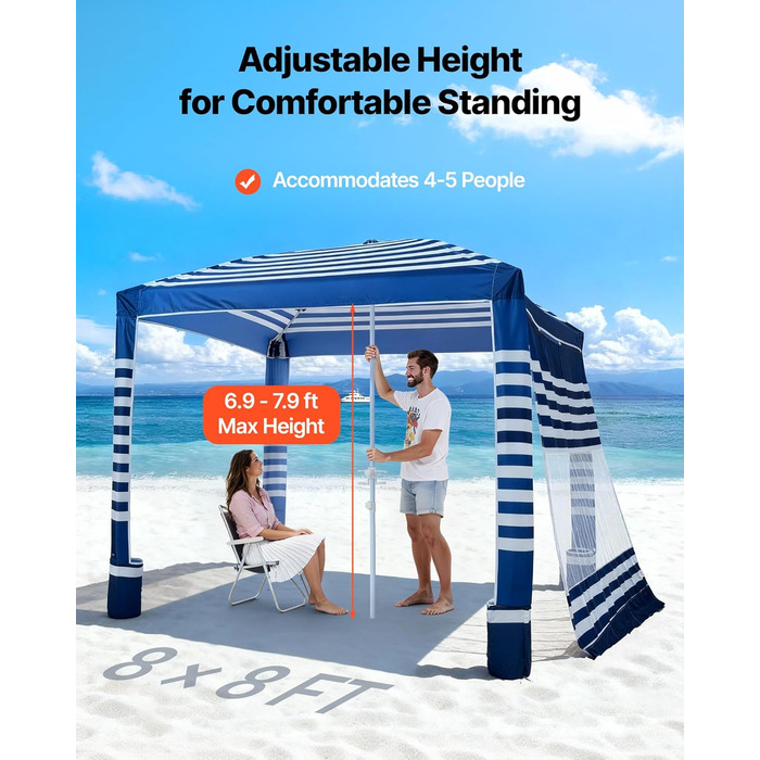 Пляжний навіс VEVOR, 2,4 x 2,4 м з бічною стінкою, сонцезахисний фактор UPF 50, кабіна з мішками з піском, регульований по висоті портативний сонцезахисний навіс для сімей, темно-сині смужки