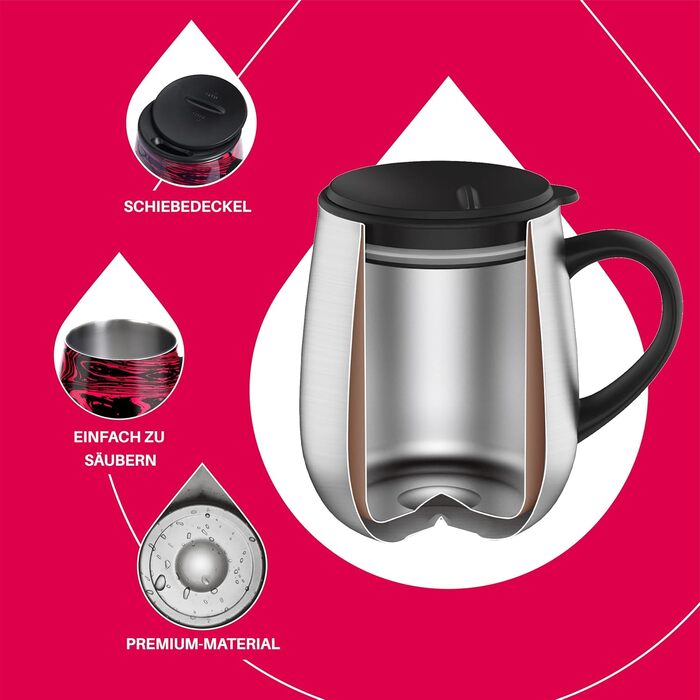 Кавова кружка Ideus 470 мл (16 унцій), двостінна вакуумно-ізольована кружка для кави та чаю з нержавіючої сталі з нековзною ручкою та розсувною кришкою, велика місткість (червона зебра)