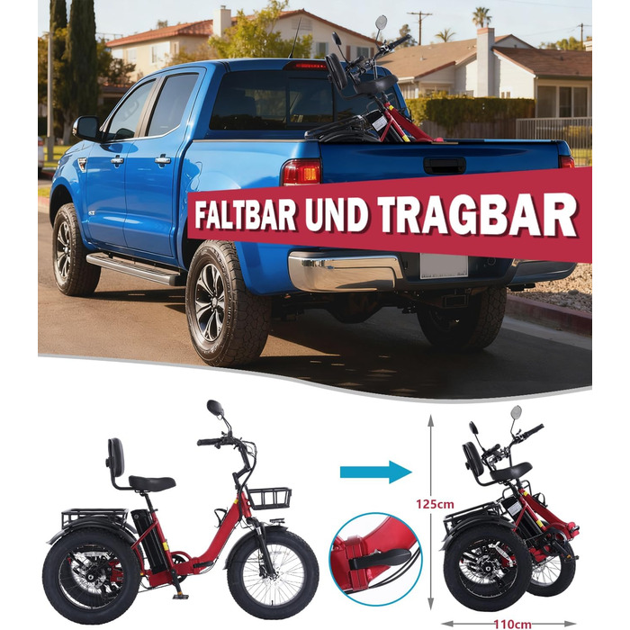 Електричний триколісний велосипед NOMOGO для дорослих, алюмінієвий складаний електровелосипед, акумулятор 48 В 15,6 Аг, 7-швидкісний електровелосипед, швидкість 25 км/год та запас ходу 90-110 км, товсті шини 20x4, передня частина та диференціал, комплексн