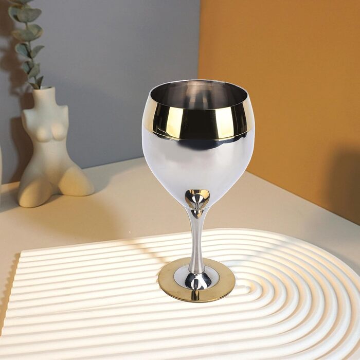 Келих для вина Pongnas з нержавіючої сталі, 350 мл, небиткий, ударостійкий винний келих із золотим обідком, для подорожей, кемпінгу, весіль, пікніків, заходів на свіжому повітрі