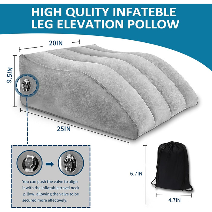 Надувна подушка для ніг Підніміть ноги для кращого кровообігу, портативна надувна подушка для ніг, маска для сну, що блокує світло, для офісу та дому (сіра)