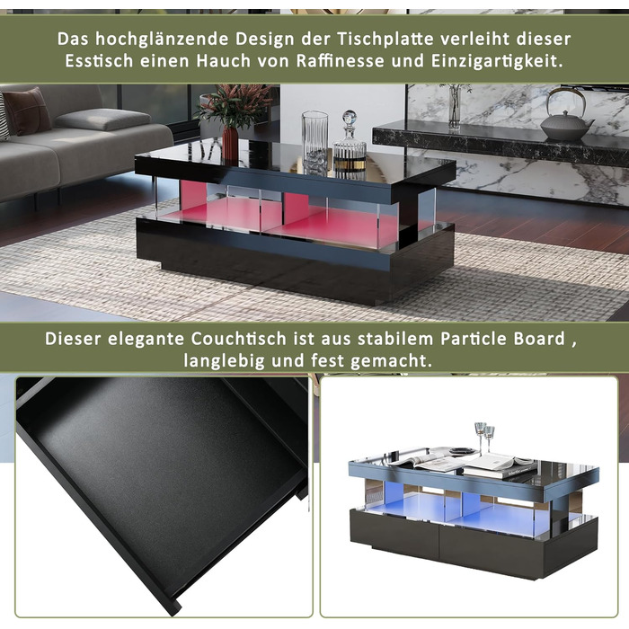 Глянцевий журнальний столик Merax зі світлодіодним підсвічуванням, сучасний стіл для вітальні з висувними ящиками для зберігання, багатофункціональний бічний столик для вітальні, прямокутний центральний стіл, столик-диван, журнальний столик, офісний, чорн