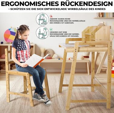 Регульована по висоті дитяча парта, дитяча парта зі стільцем, бамбукова дерев'яна парта, шкільна парта з полицею для зберігання кн