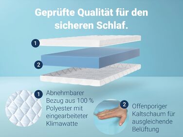 Ліжко ABC - Матрац для дітей та підлітків - 90x200 см - Спеціальний рівень жорсткості та сертифікація Oeko-TEX - Оптимальна гігієна завдяки знімному та пральному поліестеровому чохлу - Доставка посилкою Білий 90 x 200 см