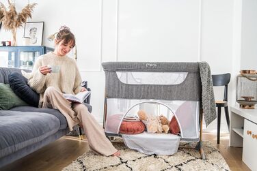 Дитяче ліжечко Momi SMART Bed 4-в-1 до 15 кг, приліжкове ліжечко для немовлят з матрацом, регульована висота, сірого кольору, одномісне