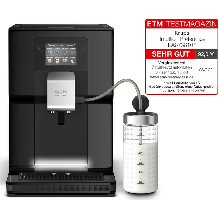Повністю автоматична кавоварка Krups Intuition Preference з трубкою для молока, 11 напоїв, персоналізація, функція 2 чашки, кавоварка, чорна, EA872810 Krups Intuition Preference з контейнером для молока