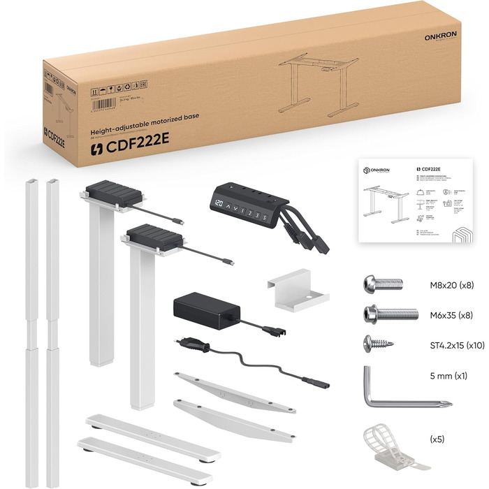 Каркас столу ONKRON з регульованою висотою та 2 двигунами, до 100 кг, стіл з електричним регулюванням висоти для сидіння та стояння з 3 налаштуваннями пам&39яті, електричні ніжки столу, біла рама столу CDF222E-W