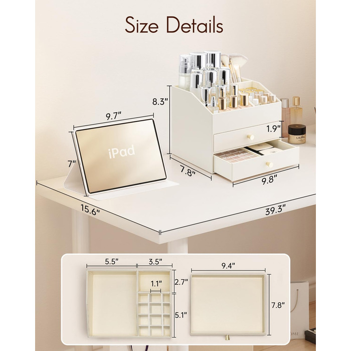 Органайзер для макіяжу VLANDO з 3 шухлядами, органайзер для туалетного столика, органайзер для косметики, органайзер для макіяжу для ванної кімнати, догляд за шкірою комода, бежевий