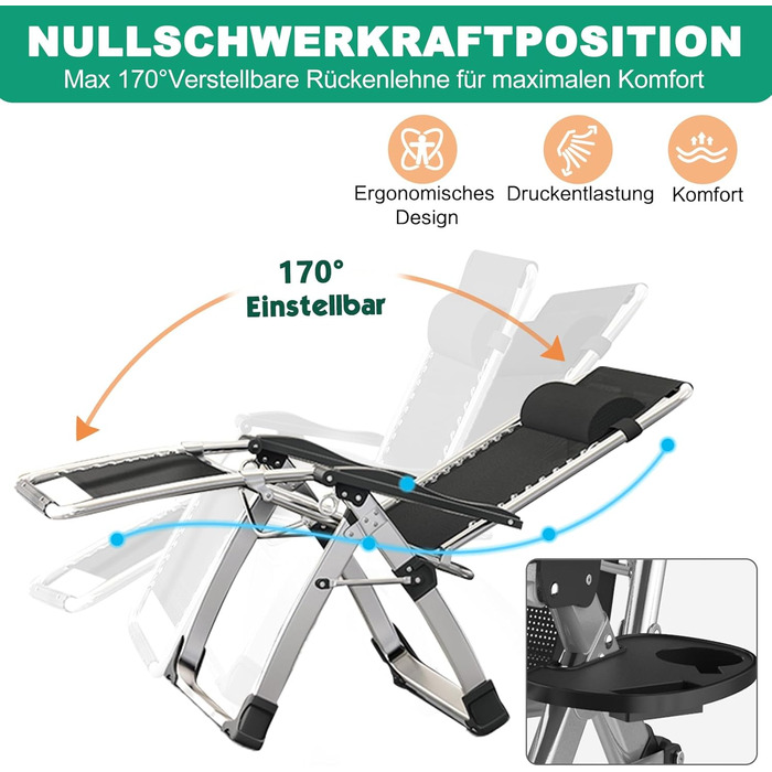 Складаний шезлонг з подушкою, вантажопідйомністю 200 кг, подвійне призначення, сидіння та лежання, регульований для вітальні, балкона, пляжу чи басейну (сірий)