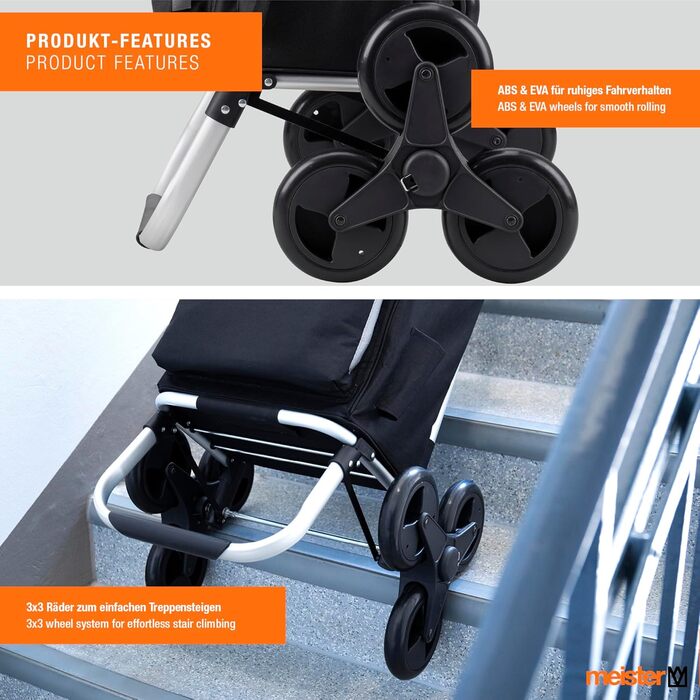 Чорний складаний візок для покупок Meister, 54 5 л подолання 3-х сходинок з термосумкою знімний водонепроникний мішок з гачком для кріплення до візка