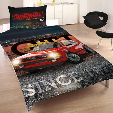 Комплект постільної білизни VW Volkswagen Golf GTI, червоний/сірий, 135 см x 200 см 80 см x 80 см, класичний автомобільний дизайн, 100 бавовна перкалевої якості, гоночний автомобіль Wrthsee, 2 дизайни, двосторонній комплект постільної білизни на блискавці