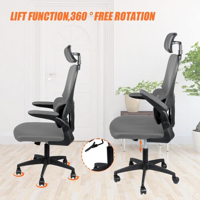 Ергономічне офісне крісло OHMG з дихаючою сітчастою спинкою та сидінням, регульованою по висоті, комп&39ютерне крісло з можливістю нахилу та коліщатками, ігрове крісло, офісне крісло (сіре, 125 x 65,5 x 64 см) Сірий 125 x 65,5 x 64 см