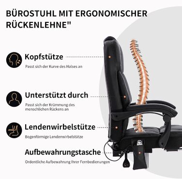 Ергономічне офісне крісло, масажне та підігріте крісло, обертове крісло з підставкою для ніг, меблі для кабінету, крісло для ПК, крісло керівника, тип PU (чорний)