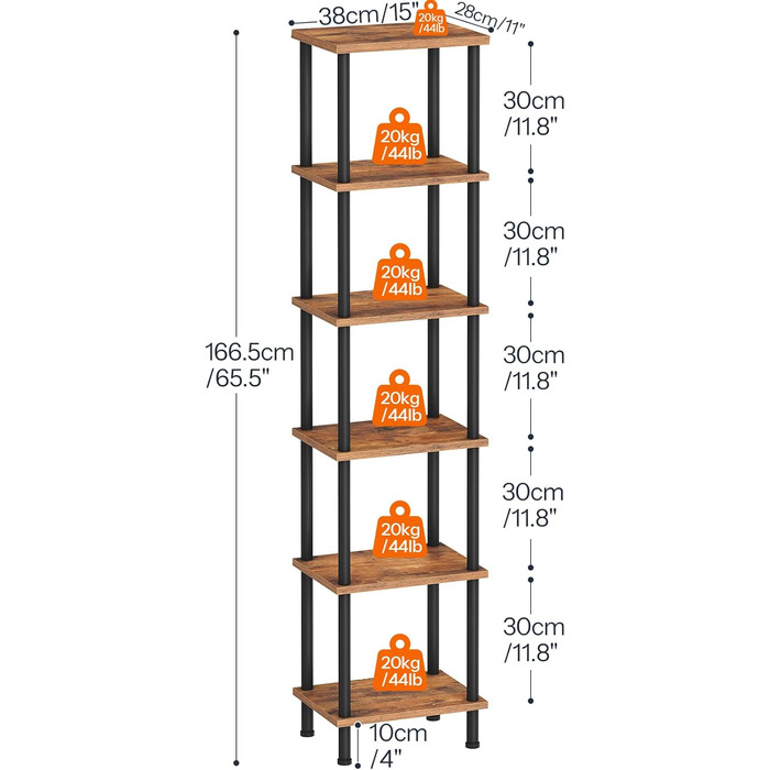 Ярусна книжкова полиця HOOBRO, окремостояча полиця в ретро стилі, полиця для DVD, офісна полиця, відкриті полиці, легке складання, для вітальні, офісу, вінтажний коричневий та чорний EBF165SJ01 38 x 28 x 166,5 см, рустикальний коричневий чорний, 6-