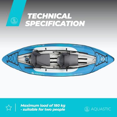 Надувний каяк AQUASTIC Kayak Dolph 11&390&39 для 2 осіб з двома сидіннями, надувним стабілізатором та захисним чохлом 335x96 см. Ідеально підходить для рафтингу та екскурсій. Міцний ПВХ-матеріал.