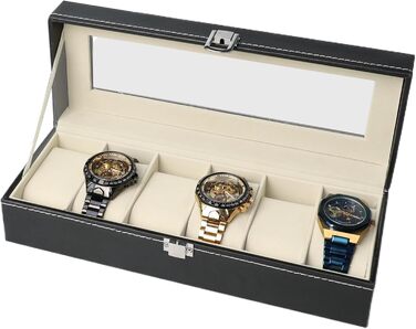 Звичайний чохол для годинника шкіра штучна, 30 x 11 x 8 см Водонепроникний чоловічий органайзер із 6 відділеннями, мяка підкладка, знімна подушечка для годинника, дорожній чохол