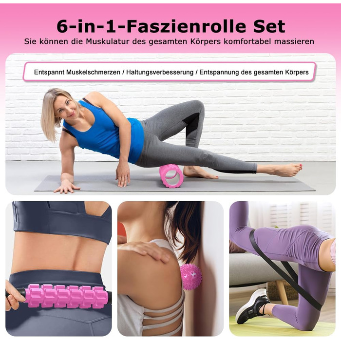 Ролик для фасції, Qveetry 6 в 1 пінопластовий ролик, набір роликів для фасції з масажною роликовою палицею, стрічки опору для силових тренувань, масажний м&39яч, фітнес-стрічки, пінопластовий ролик 33 см для йоги, пілатесу, спорту, рожевий