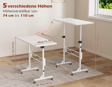 Стіл з регульованою висотою та колесами, комп&39ютерний стіл, стіл для роботи стоячи, регульована висота для бігової доріжки/ходьби для дому, невеликий ПК-стіл для домашнього офісу, 80 x 40 см, білий (80 x 40 x 74-110 см)