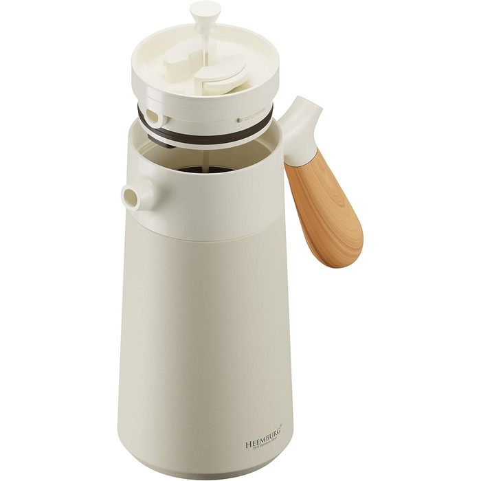 Французький прес з нержавіючої сталі HEEMBURG Термокавоварка з подвійними стінками з ізоляцією Французький прес для кави Прес для кави 1 л Thermo Brewer 5 чашок Кавоварка біла