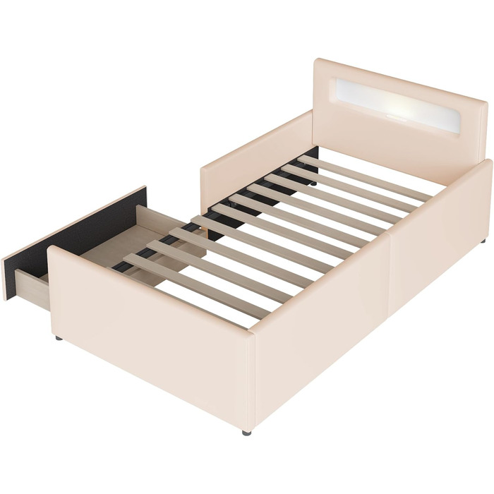 Сучасне дитяче ліжко 90x200 см з м&39якою оббивкою, ліжко з рейковою основою та місцем для зберігання речей, м&39яке узголів&39я зі світлодіодним нічником та USB-портом для зарядки, штучна шкіра, дитяче ліжко для хлопчиків та дівчаток (бежевий)