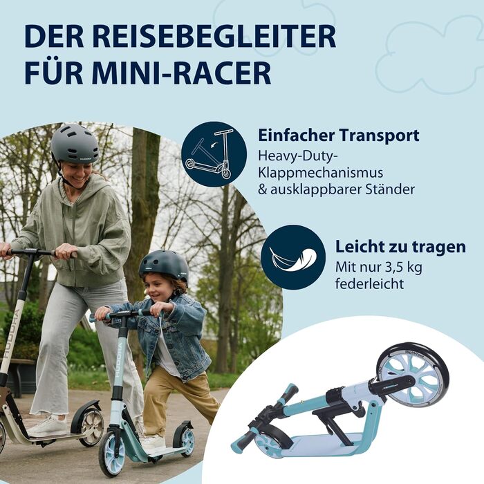 Дитячий самокат HUDORA BigWheel 180 Advanced Junior (від 3 років) якісний та безпечний, складаний, з відбивачами та регулюванням висоти, колір sky blue