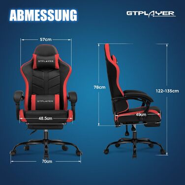 Ігрове крісло GTPLAYER, офісне крісло, геймерське крісло, ергономічне ігрове крісло з підставкою для ніг, крісло для ПК зі штучної шкіри з розширеною спинкою, вантажопідйомність 150 кг, червоне