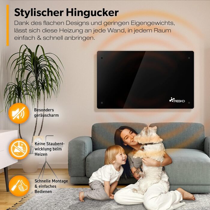 Електричний скляний конвекторний обігрівач TRESKO 2000 Вт Електричний скляний обігрівач Конвекторний обігрівач-радіатор Електричний радіатор, окремостоячий або настінний обігрівач, чорний / 2000 Вт