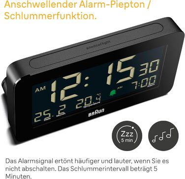 Цифровий будильник Braun з відображенням дати, місяця та температури, негативним РК-дисплеєм, швидким налаштуванням та поступовим звуковим сигналом будильника, чорного кольору, модель BC10B. у комплекті.