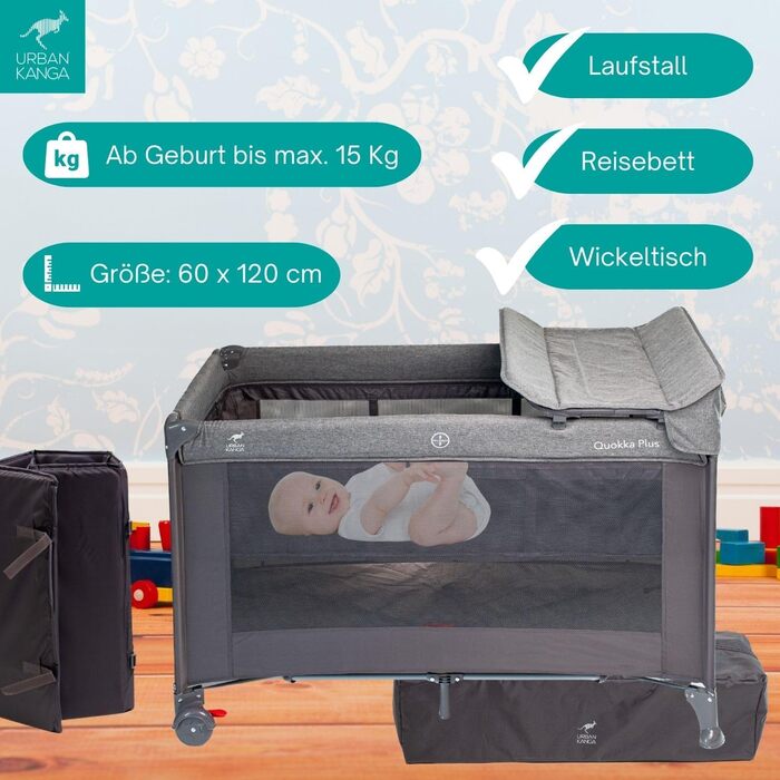 Дитяче ліжечко Urban Kanga QK Plus з регульованою висотою та пеленальний килимок, вкладиш для новонароджених, 60x120 см (сірий меланж)