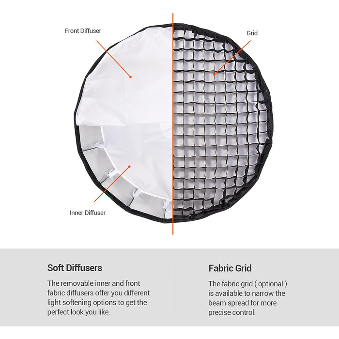 Швидкознімний параболічний софтбокс, кріплення Bowen з передньою та внутрішньою сумкою для перенесення дифузора для Godox MS300 MS300-V SK400II SL60W VL150 UL150 SL150II 90см, 90