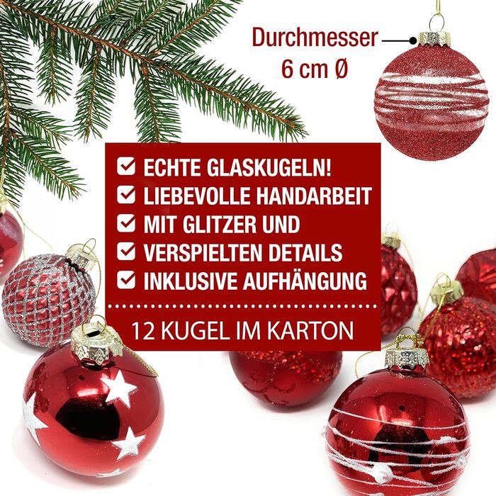 Червоні скляні ялинкові прикраси набір з 12 шт TOBJA