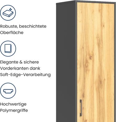 Ярусний стелаж Home Collective з матовим покриттям, шафа для документів з 4 полицями та 1 дверима, шириною 39 см, з високоякісними полімерними ручками, ідеально підходить для спальні, вітальні, коридору, офісу, графітовий дуб, 5-