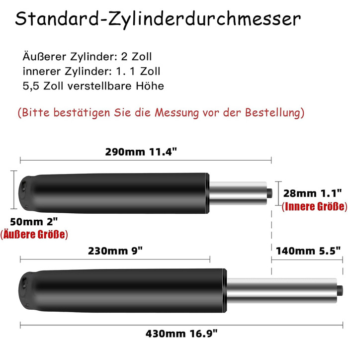Газова пружина, газова пружина для офісних крісел 1000 фунтів (450 кг) Газова пружина для обертових крісел, підходить для офісних крісел та стільців, регульована висота газової пружини 290 мм-430 мм для офісних крісел, висока вантажопідйомність (чорна)
