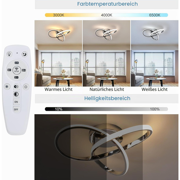 Стеля LED-світильник Comely 36W з пультом керування, сучасний дизайн, хром, 40см, сріблястий диммований (3000K-6500K)