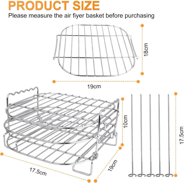 Аксесуари для фритюрниці, 3 рівні решітки для гриля для фритюрниці Багатофункціональна решітка з нержавіючої сталі Стійка для фритюрниці Аксесуари для Philips Airfryer XL 6.2L, COSORI 5.5L 4.7L, Cecotec 6L