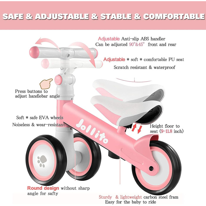 Регульований дитячий велосипед для малюків 12-24 місяців з 3 тихими колесами, без педалей велосипед-ходунки, іграшковий велосипед-