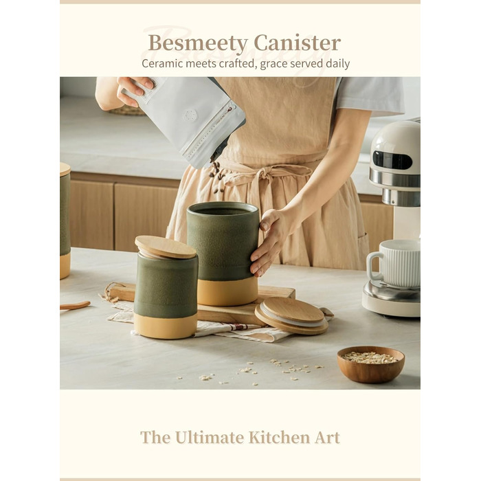 Герметичні контейнери для зберігання Besmeety з кришками, керамічні банки для зберігання, контейнери для зберігання продуктів, кухонне сховище, коробки для зберігання, зелено-жовті (1200 мл x 700 мл)